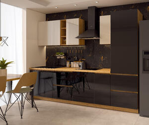 Bucatarie Chelsea, Stejar K003 - Alb/Negru, 300x60x215cm