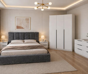 Dormitor Prestige 3U cu pat tapitat - acril alb