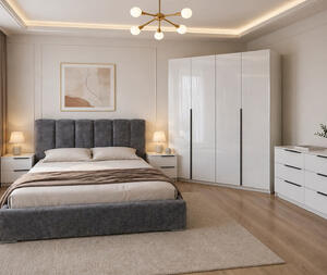 Dormitor Prestige 4U cu pat tapitat - acril alb